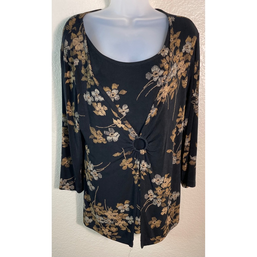Coldwater Creek Womens M Top Black Gold Floral Ring Accent Layered 3/4 Sleeve